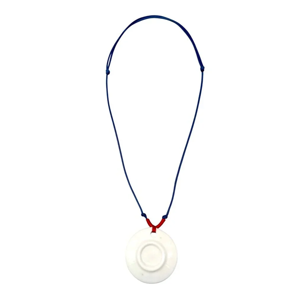 Blue & White Ceramic Round Pendant Necklace Floral Bird Design Adjustable Cord - Picture 4 of 5